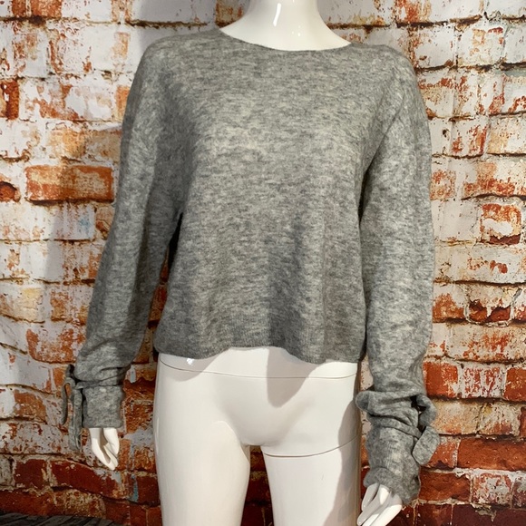 Helmut Lang Melange Tie-Cuff Wool-Blend Sweater, Heather Gray - Picture 2 of 7